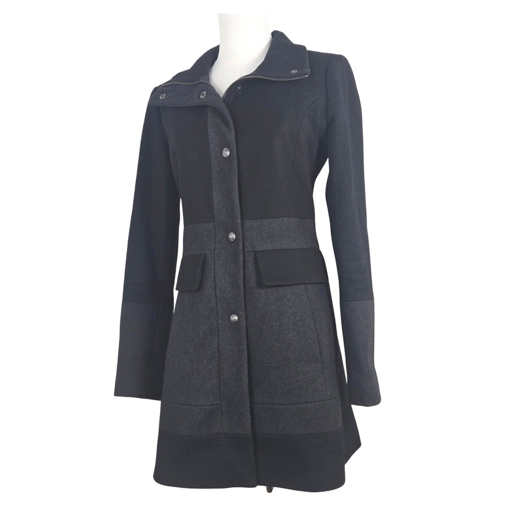 GUESS Los Angeles Wool Blend Tailored Coat XS Black‎ Structured Button Front